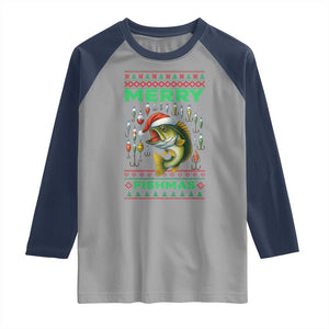 Funny Merry Fishmas Ugly Sweater Raglan Shirt Fisherman Christmas Gift TS12 Sport Gray Navy Print Your Wear