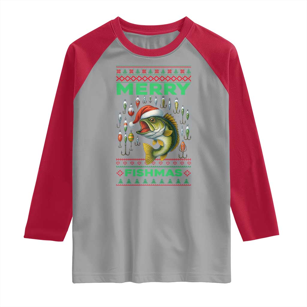 Funny Merry Fishmas Ugly Sweater Raglan Shirt Fisherman Christmas Gift TS12 Sport Gray Red Print Your Wear