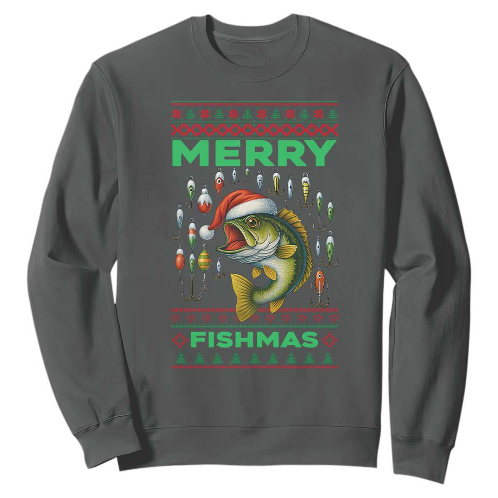 Funny Merry Fishmas Ugly Sweater Sweatshirt Fisherman Christmas Gift TS12 Dark Heather Print Your Wear