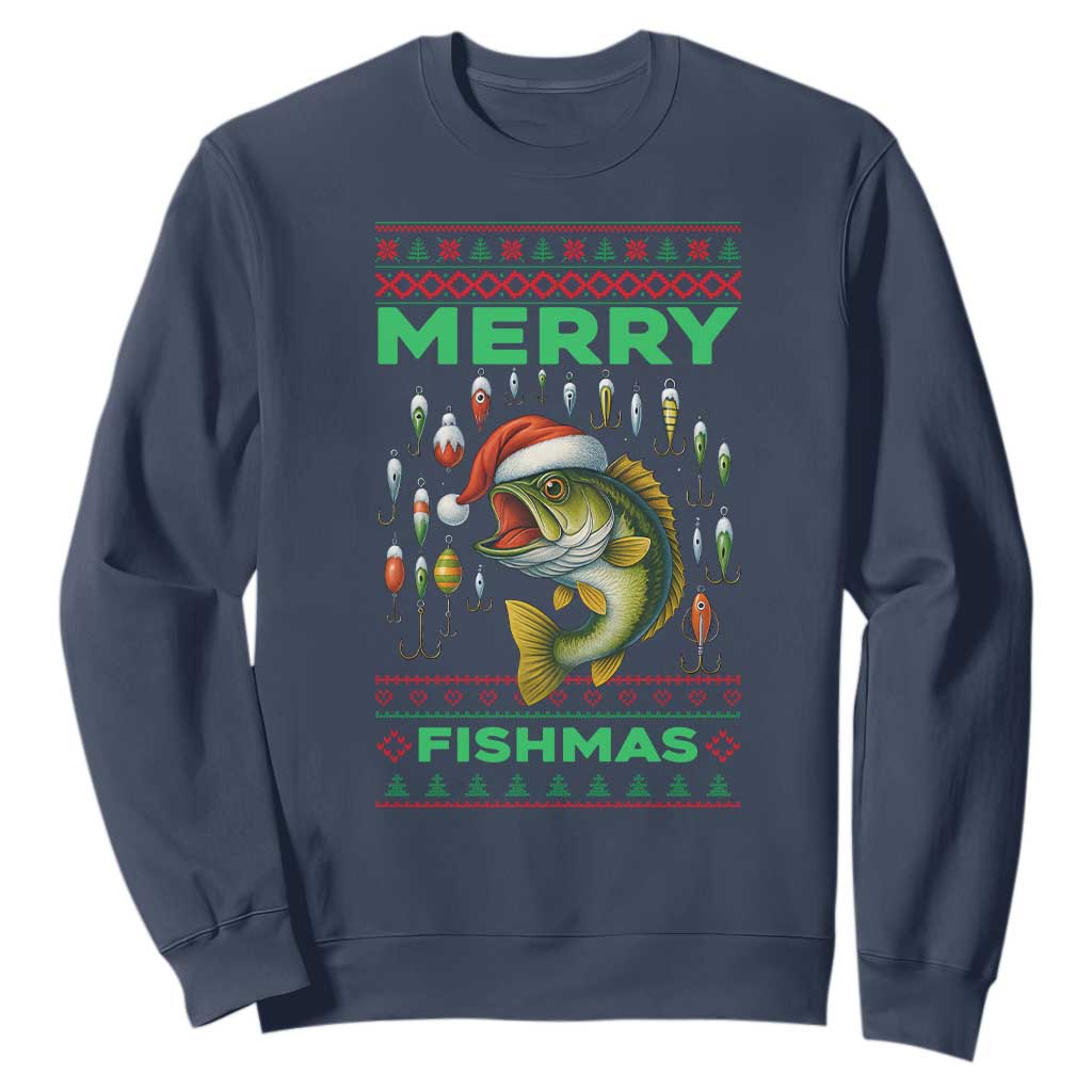 Funny Merry Fishmas Ugly Sweater Sweatshirt Fisherman Christmas Gift TS12 Navy Print Your Wear