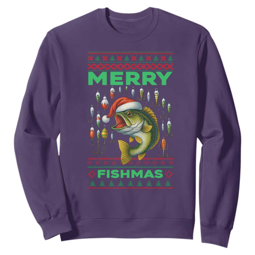 Funny Merry Fishmas Ugly Sweater Sweatshirt Fisherman Christmas Gift TS12 Purple Print Your Wear