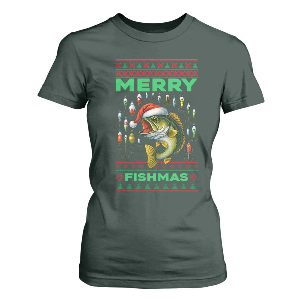 Funny Merry Fishmas Ugly Sweater T Shirt For Women Fisherman Christmas Gift TS12 Dark Forest Green Print Your Wear