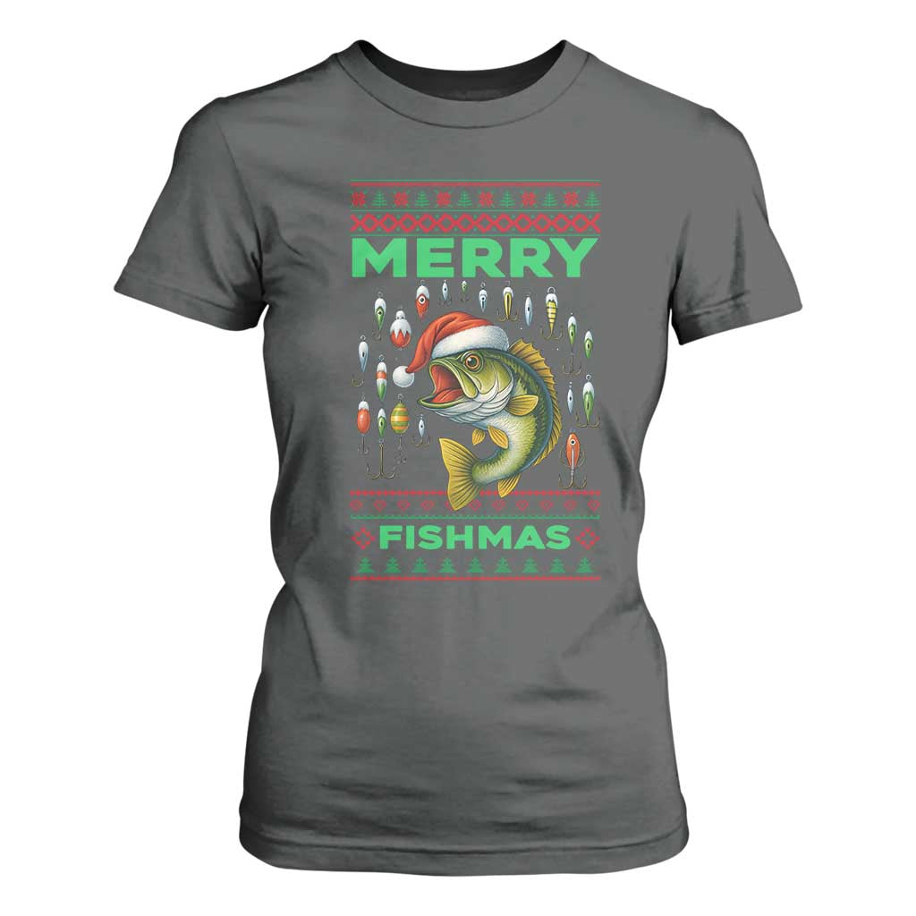 Funny Merry Fishmas Ugly Sweater T Shirt For Women Fisherman Christmas Gift TS12 Dark Heather Print Your Wear