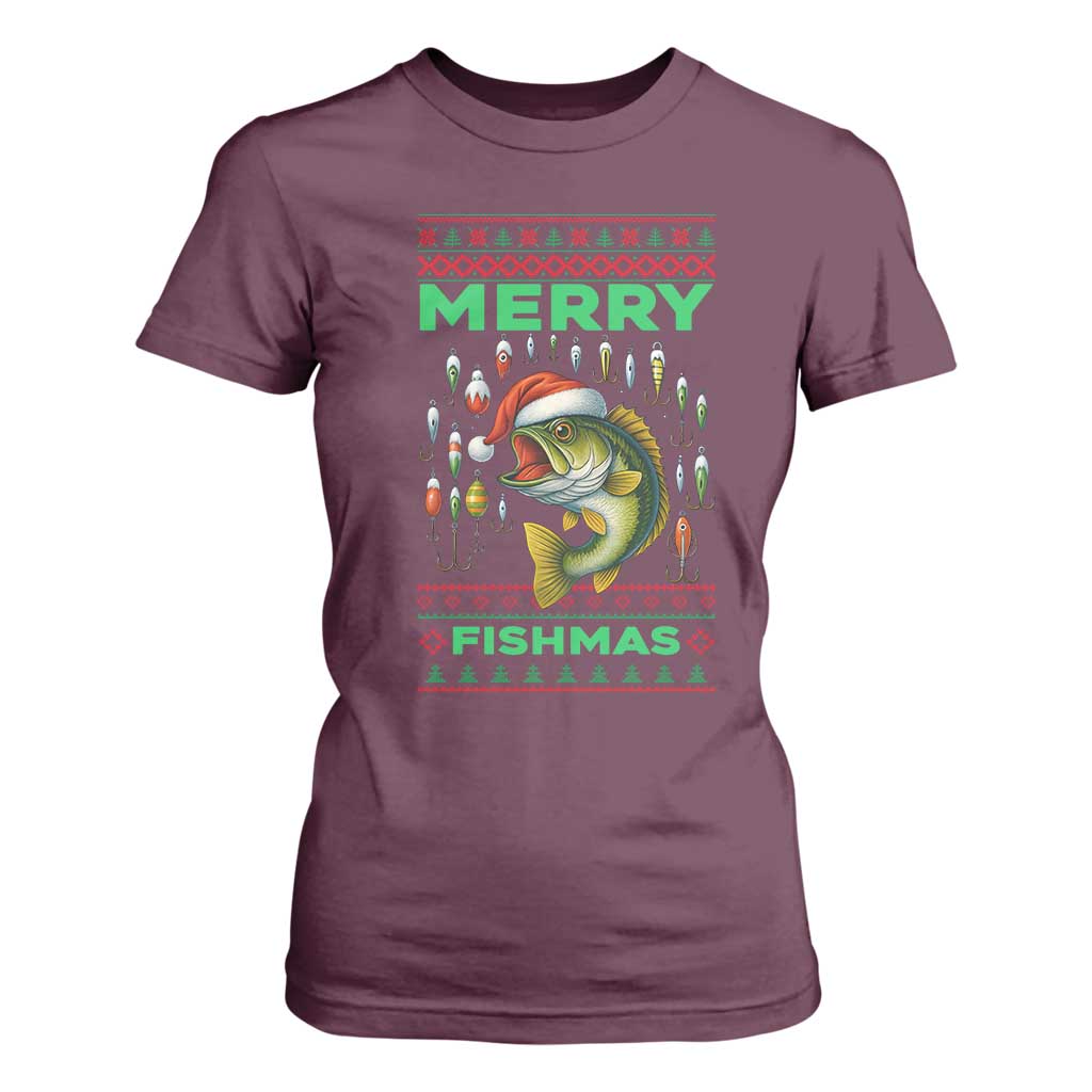 Funny Merry Fishmas Ugly Sweater T Shirt For Women Fisherman Christmas Gift TS12 Maroon Print Your Wear