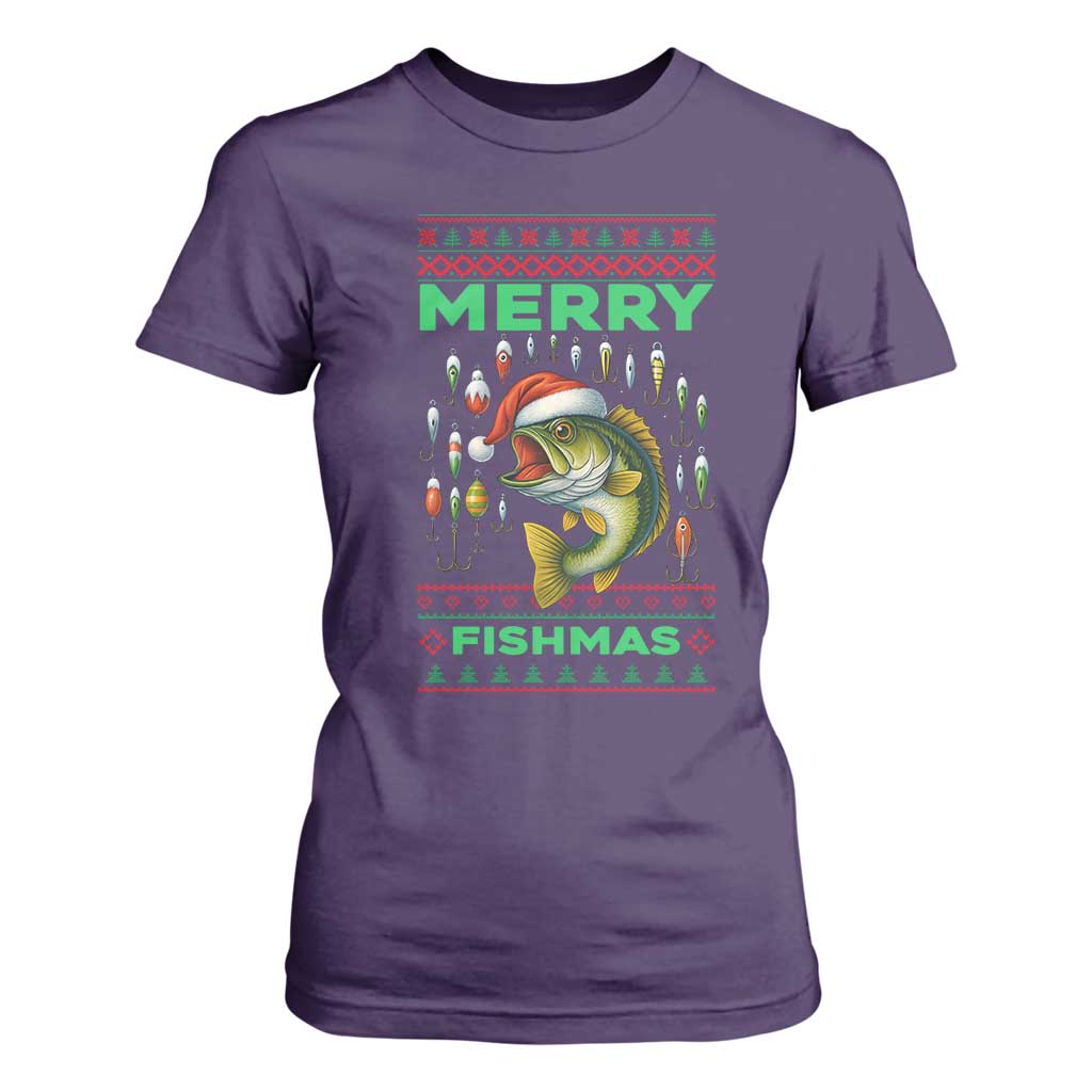 Funny Merry Fishmas Ugly Sweater T Shirt For Women Fisherman Christmas Gift TS12 Purple Print Your Wear