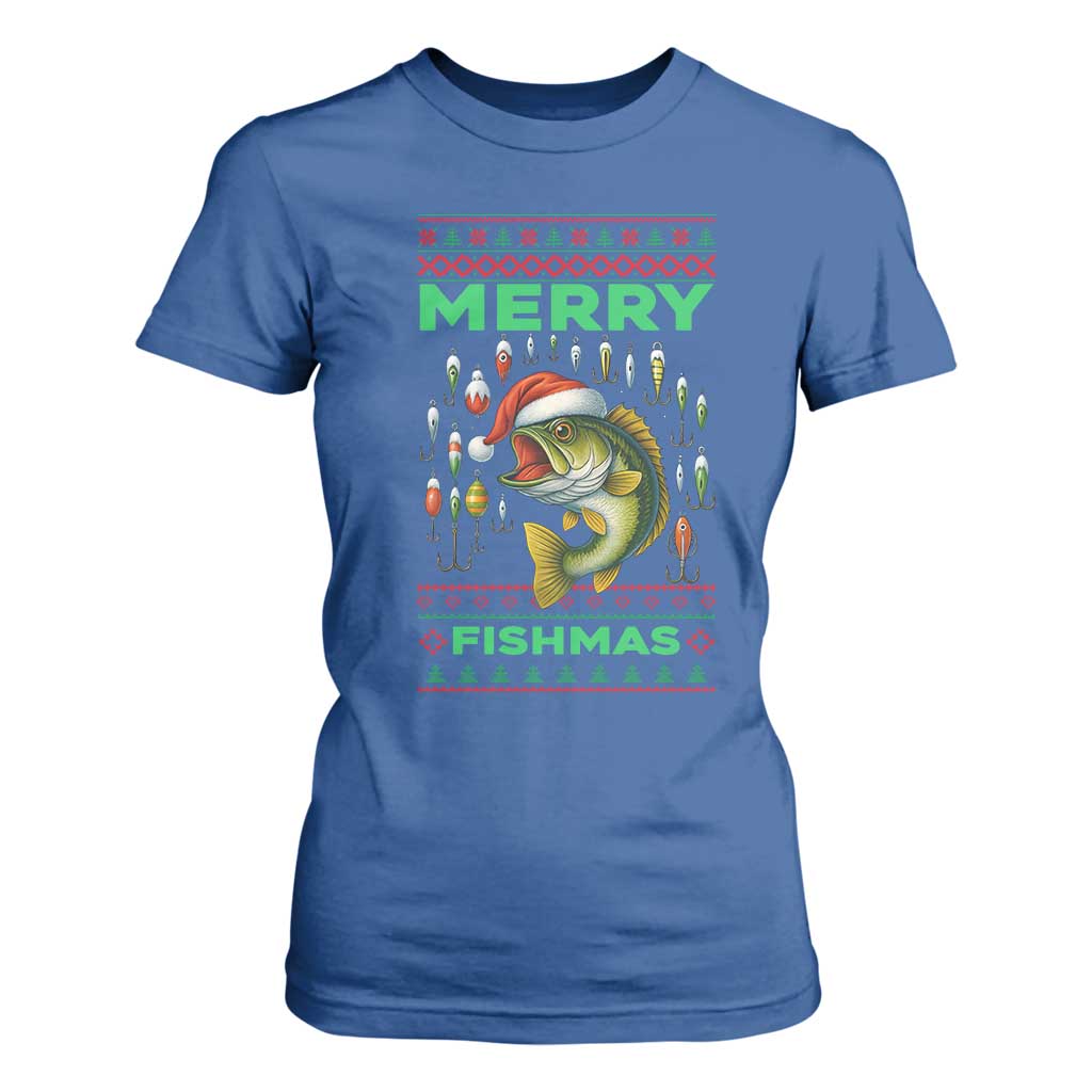 Funny Merry Fishmas Ugly Sweater T Shirt For Women Fisherman Christmas Gift TS12 Royal Blue Print Your Wear