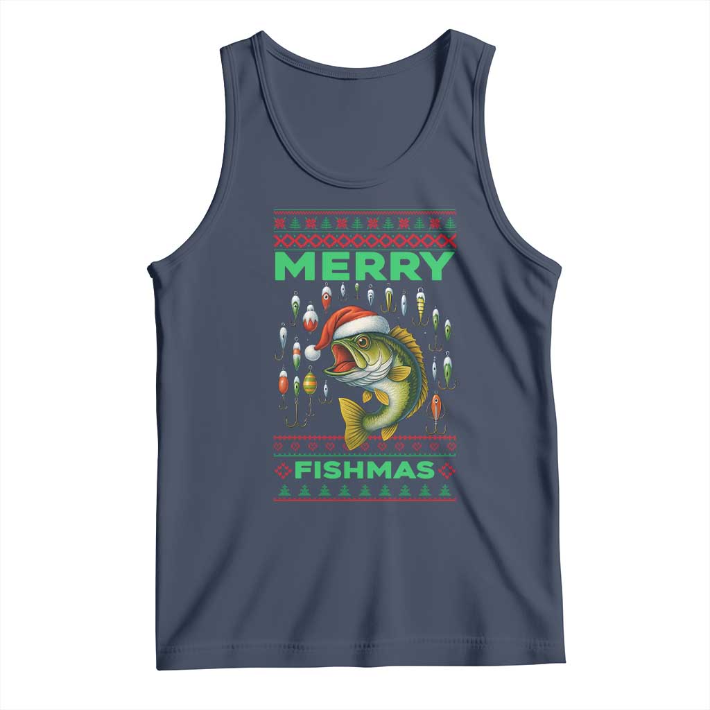 Funny Merry Fishmas Ugly Sweater Tank Top Fisherman Christmas Gift TS12 Navy Print Your Wear
