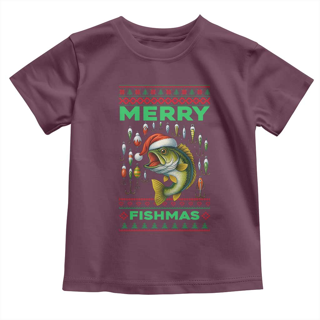 Funny Merry Fishmas Ugly Sweater Toddler T Shirt Fisherman Christmas Gift TS12 Maroon Print Your Wear