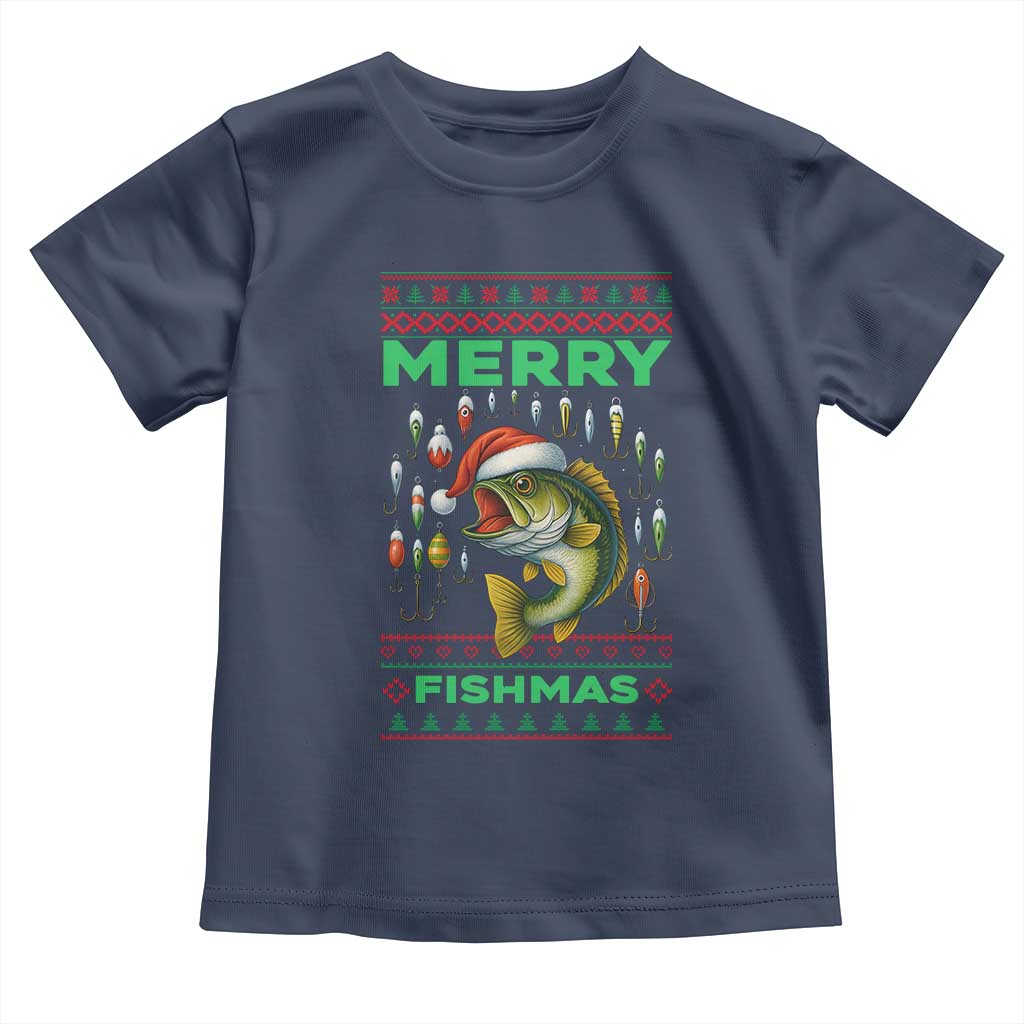 Funny Merry Fishmas Ugly Sweater Toddler T Shirt Fisherman Christmas Gift TS12 Navy Print Your Wear