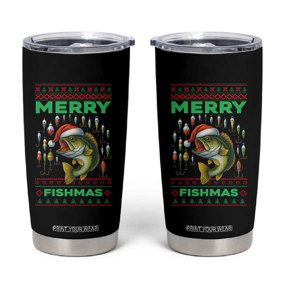Funny Merry Fishmas Ugly Sweater Tumbler Cup Fisherman Christmas Gift TS12 Black Print Your Wear