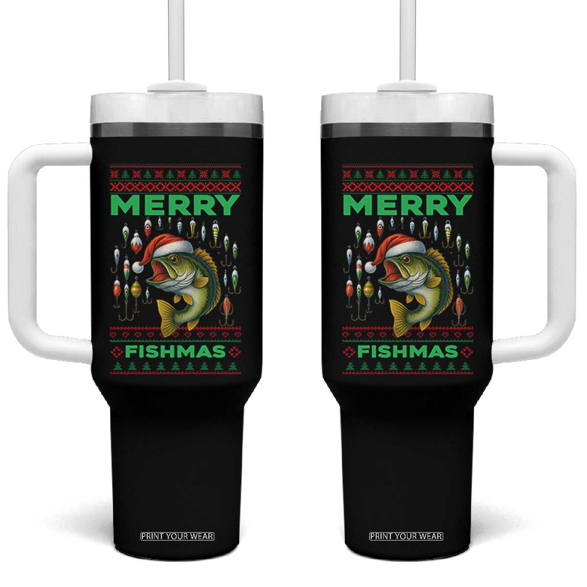 Funny Merry Fishmas Ugly Sweater Tumbler With Handle Fisherman Christmas Gift TS12 One Size: 40 oz Black Print Your Wear