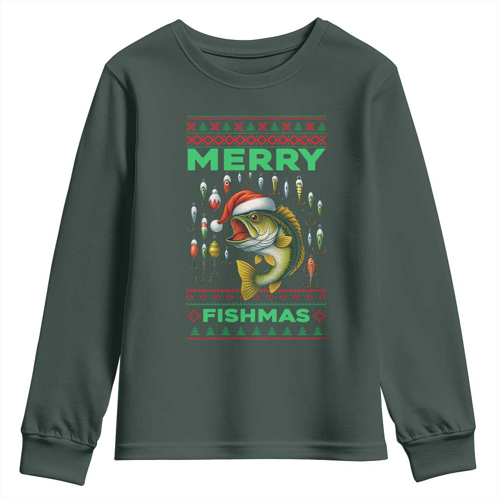 Funny Merry Fishmas Ugly Sweater Youth Sweatshirt Fisherman Christmas Gift TS12 Dark Forest Green Print Your Wear