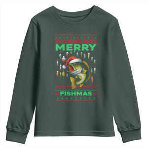 Funny Merry Fishmas Ugly Sweater Youth Sweatshirt Fisherman Christmas Gift TS12 Dark Forest Green Print Your Wear
