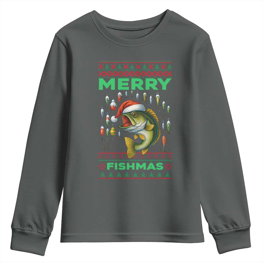 Funny Merry Fishmas Ugly Sweater Youth Sweatshirt Fisherman Christmas Gift TS12 Dark Heather Print Your Wear