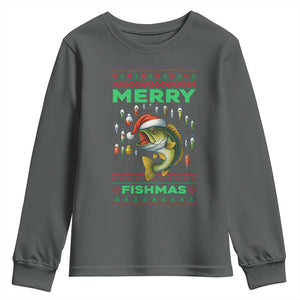 Funny Merry Fishmas Ugly Sweater Youth Sweatshirt Fisherman Christmas Gift TS12 Dark Heather Print Your Wear