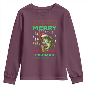 Funny Merry Fishmas Ugly Sweater Youth Sweatshirt Fisherman Christmas Gift TS12 Maroon Print Your Wear
