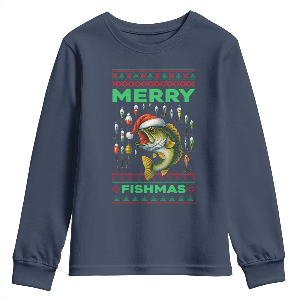 Funny Merry Fishmas Ugly Sweater Youth Sweatshirt Fisherman Christmas Gift TS12 Navy Print Your Wear