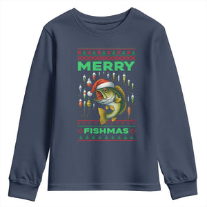 Funny Merry Fishmas Ugly Sweater Youth Sweatshirt Fisherman Christmas Gift TS12 Navy Print Your Wear