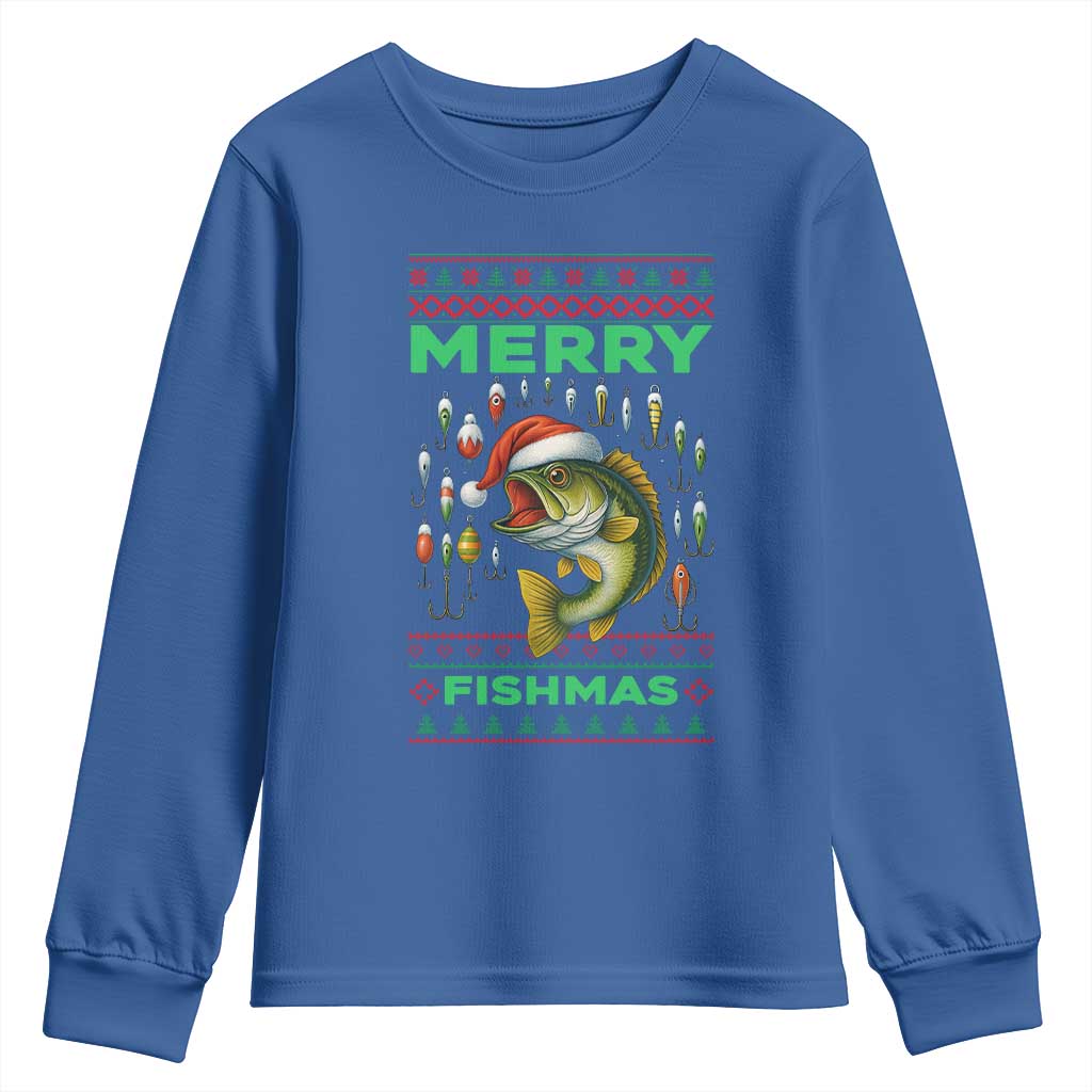 Funny Merry Fishmas Ugly Sweater Youth Sweatshirt Fisherman Christmas Gift TS12 Royal Blue Print Your Wear