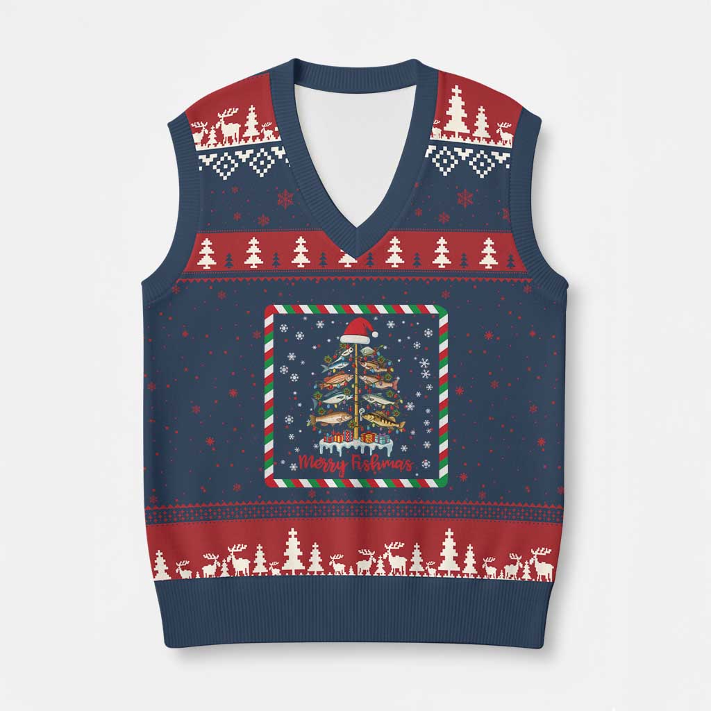 Merry Fishmas V-Neck Knit Sweater Vest Funny Xmas Fishing Lover Gift TS12 Navy Red Print Your Wear