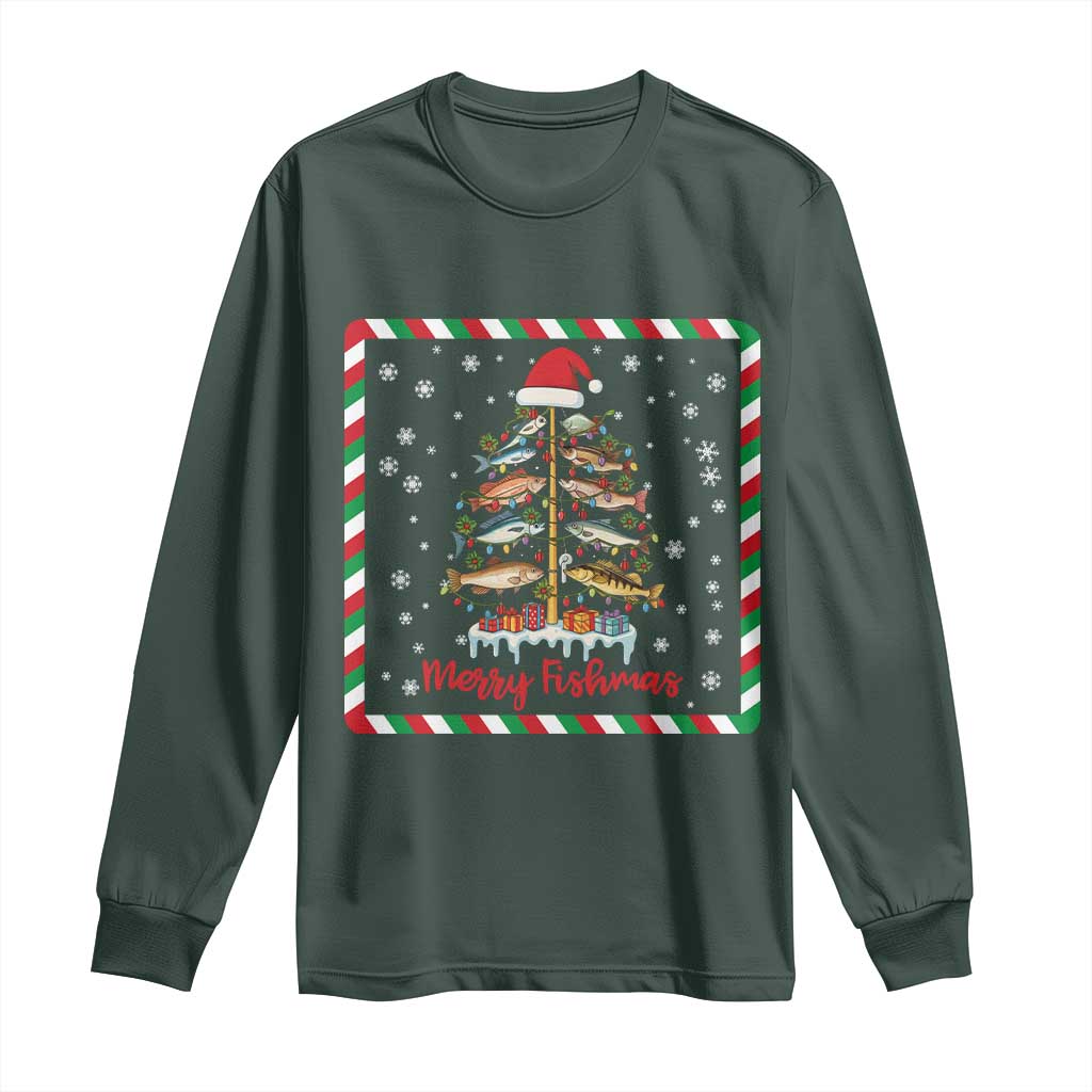 Merry Fishmas Long Sleeve Shirt Funny Xmas Fishing Lover Gift TS12 Dark Forest Green Print Your Wear