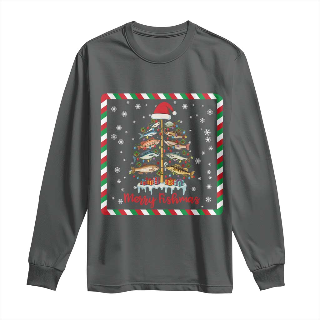 Merry Fishmas Long Sleeve Shirt Funny Xmas Fishing Lover Gift TS12 Dark Heather Print Your Wear
