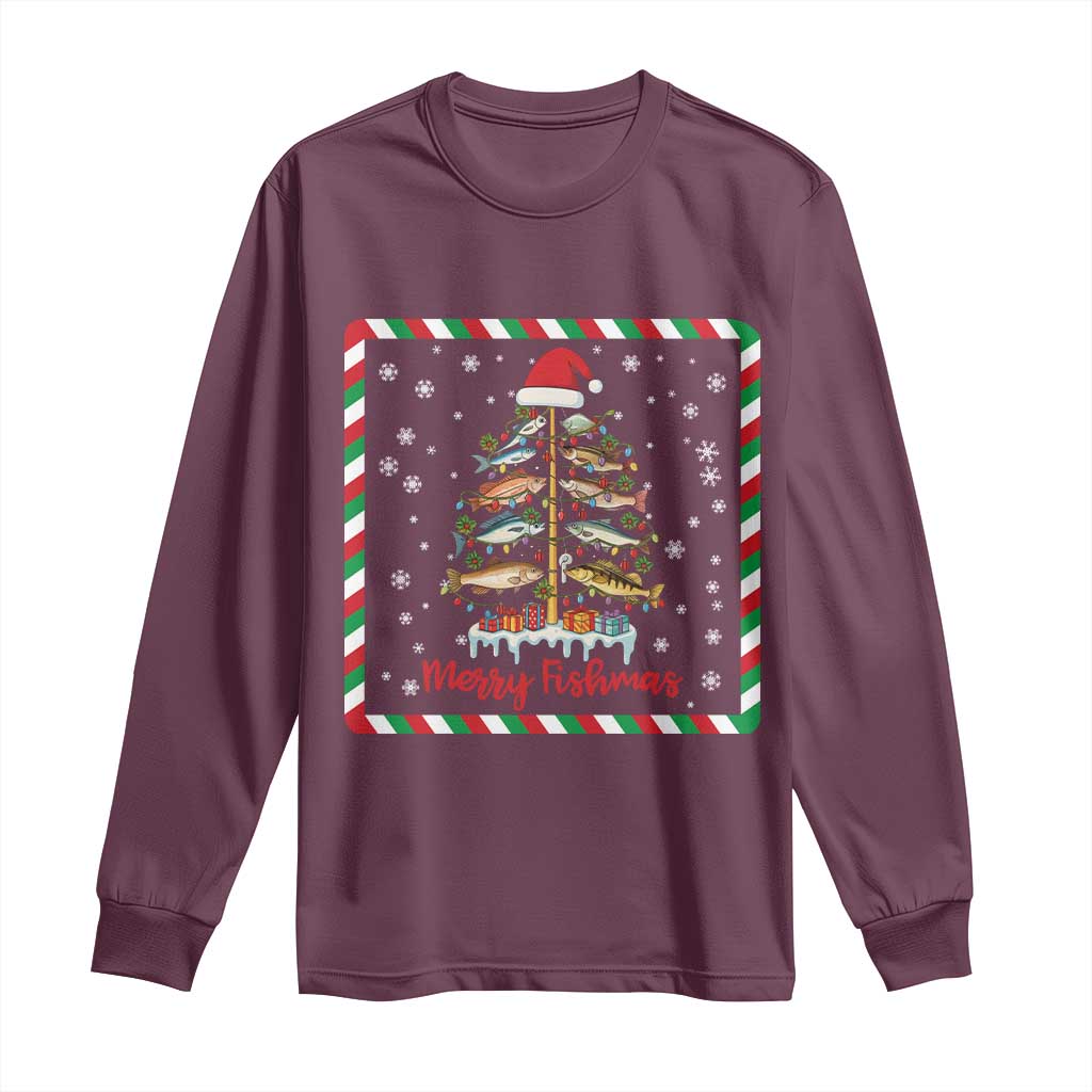 Merry Fishmas Long Sleeve Shirt Funny Xmas Fishing Lover Gift TS12 Maroon Print Your Wear