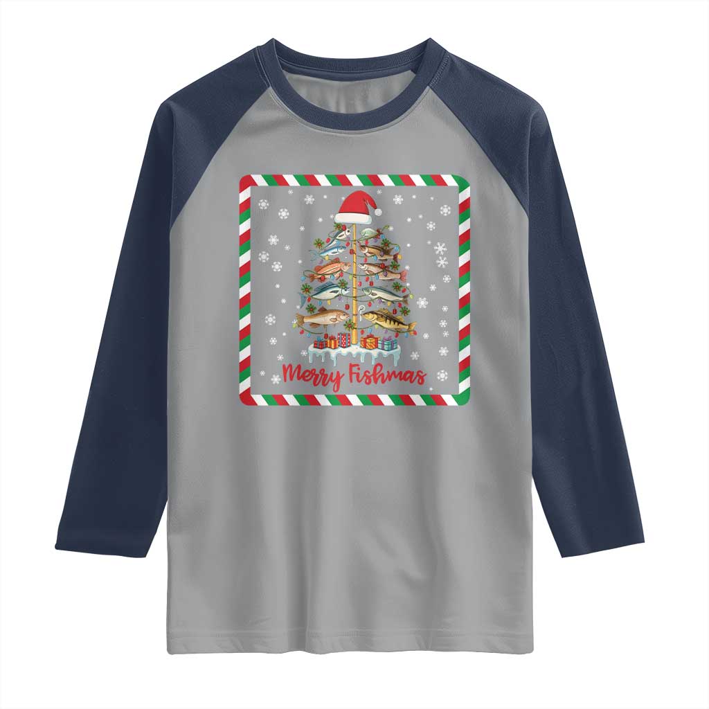Merry Fishmas Raglan Shirt Funny Xmas Fishing Lover Gift TS12 Sport Gray Navy Print Your Wear