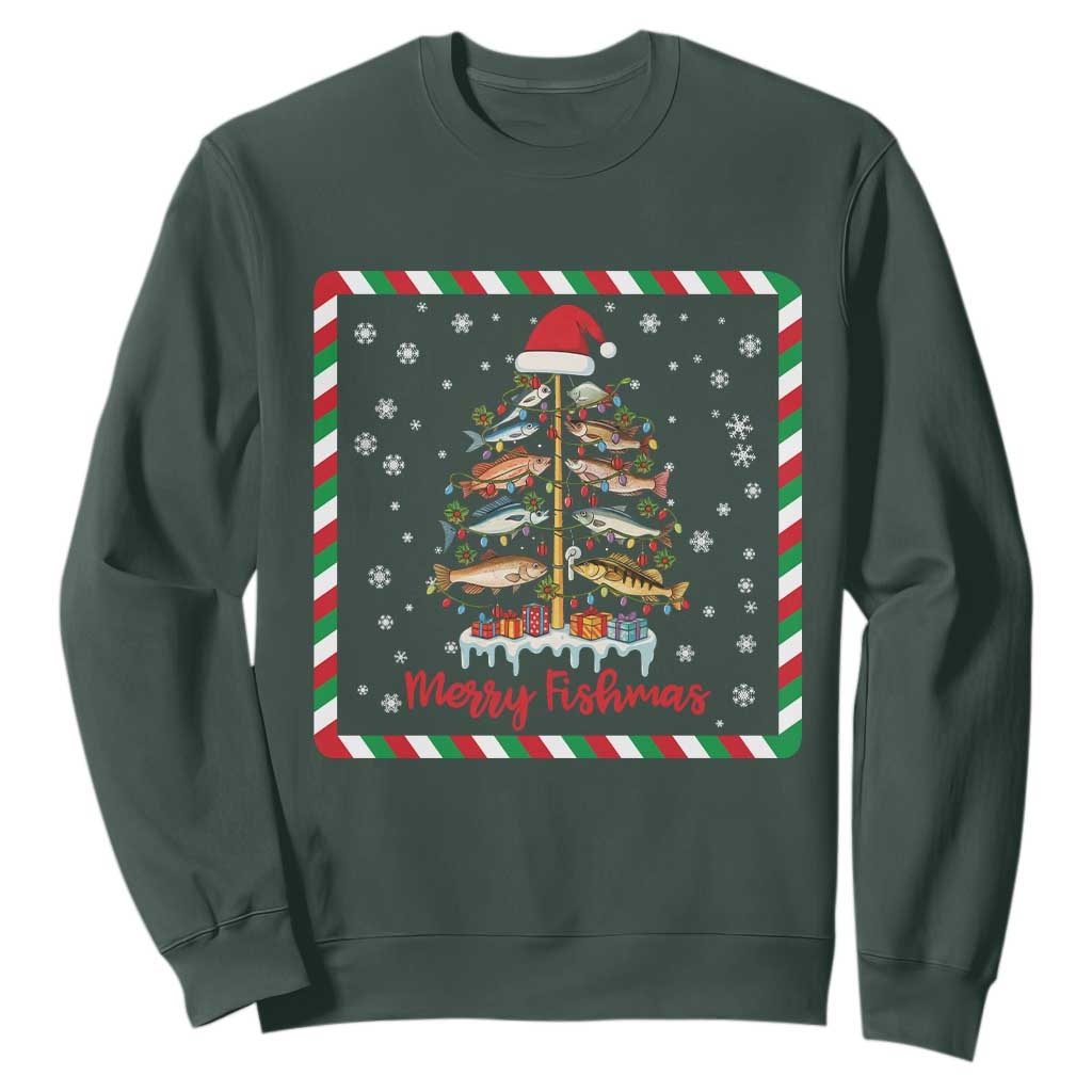Merry Fishmas Sweatshirt Funny Xmas Fishing Lover Gift TS12 Dark Forest Green Print Your Wear