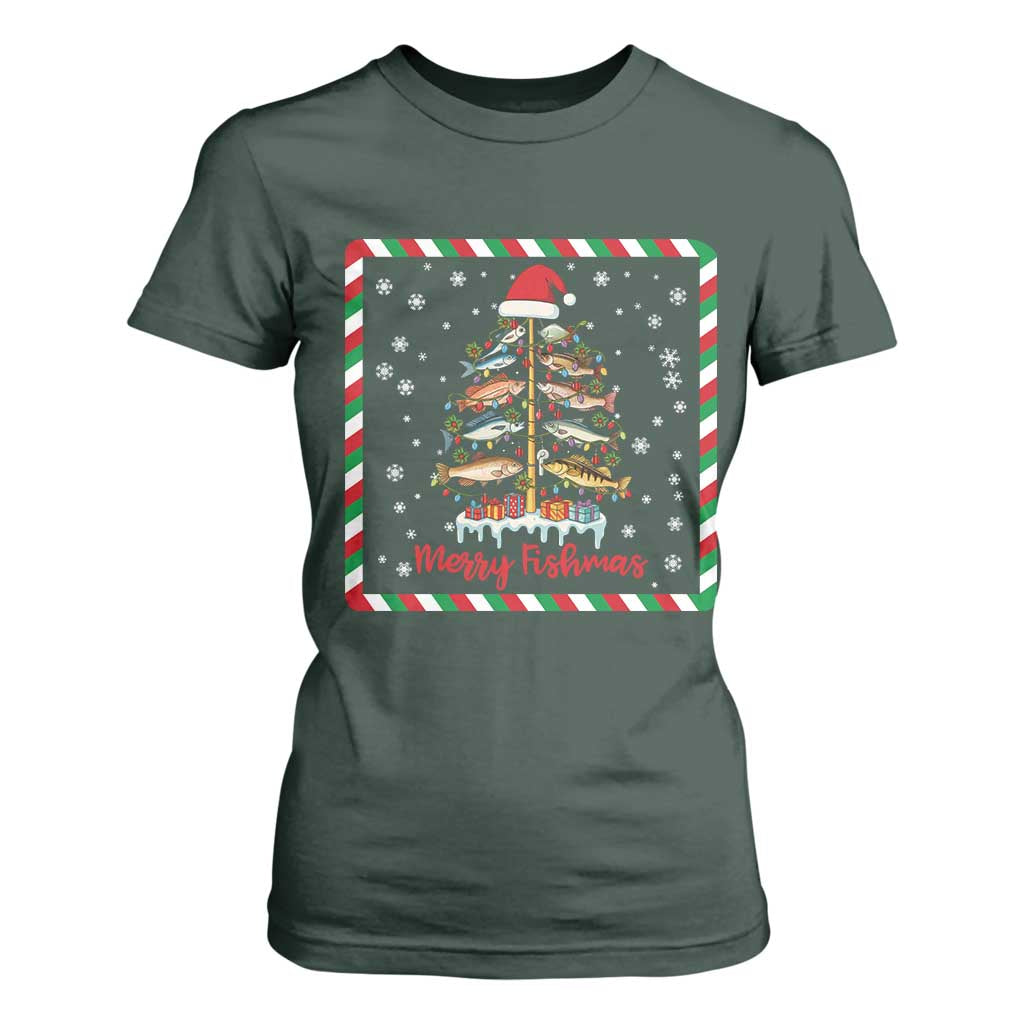 Merry Fishmas T Shirt For Women Funny Xmas Fishing Lover Gift TS12 Dark Forest Green Print Your Wear