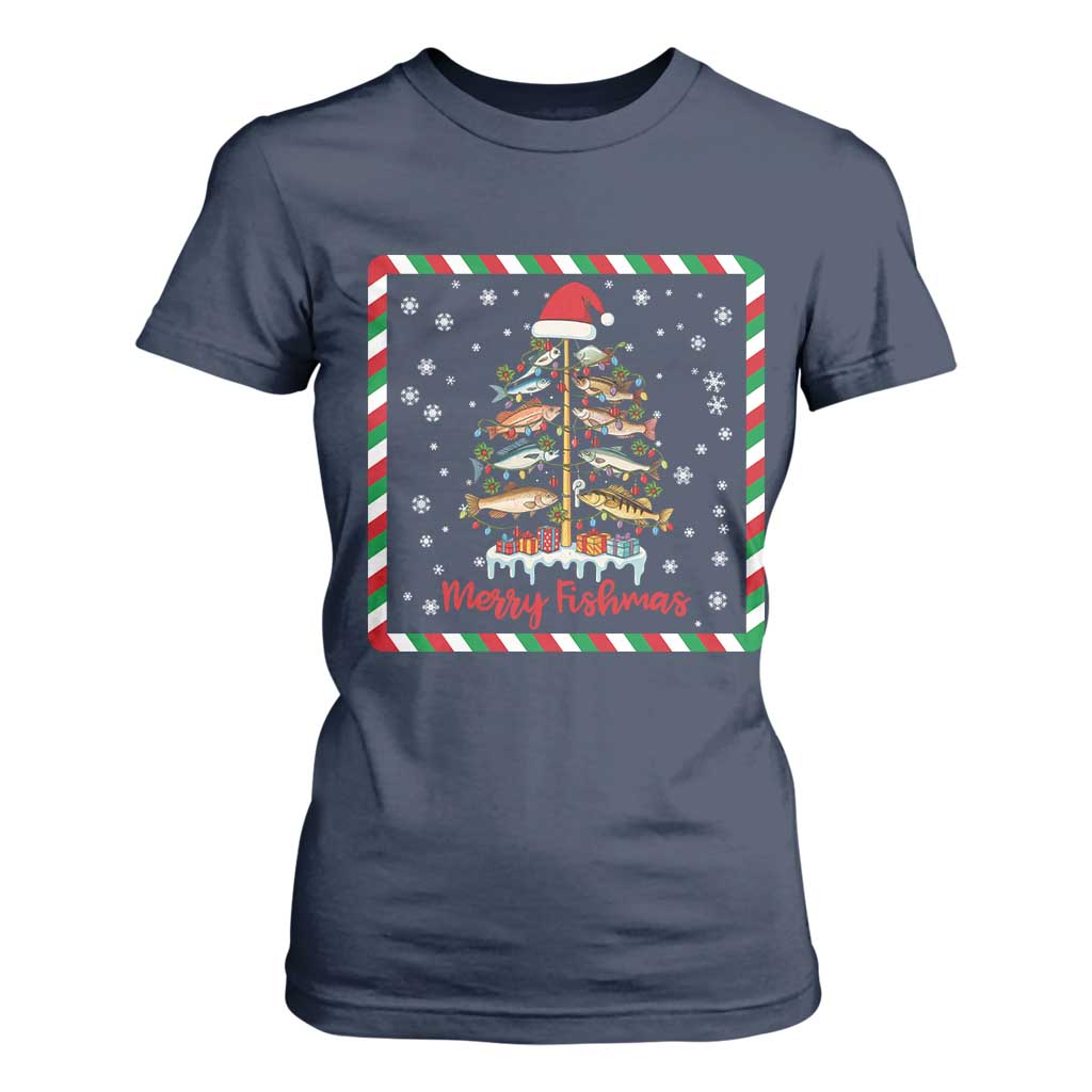 Merry Fishmas T Shirt For Women Funny Xmas Fishing Lover Gift TS12 Navy Print Your Wear