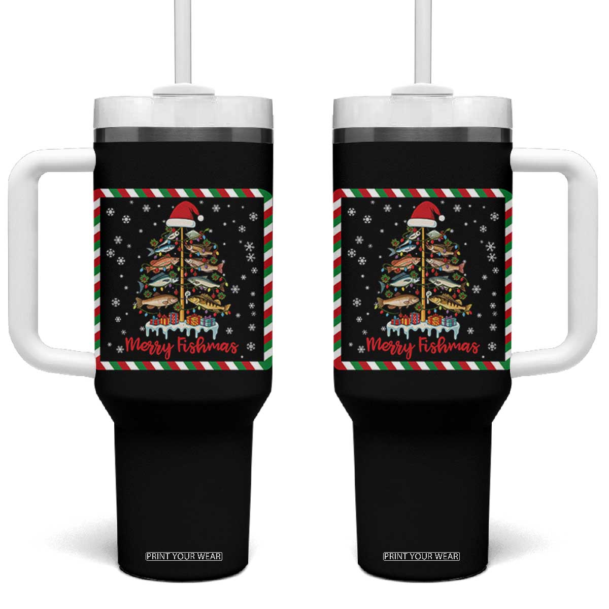Merry Fishmas Tumbler With Handle Funny Xmas Fishing Lover Gift TS12 One Size: 40 oz Black Print Your Wear