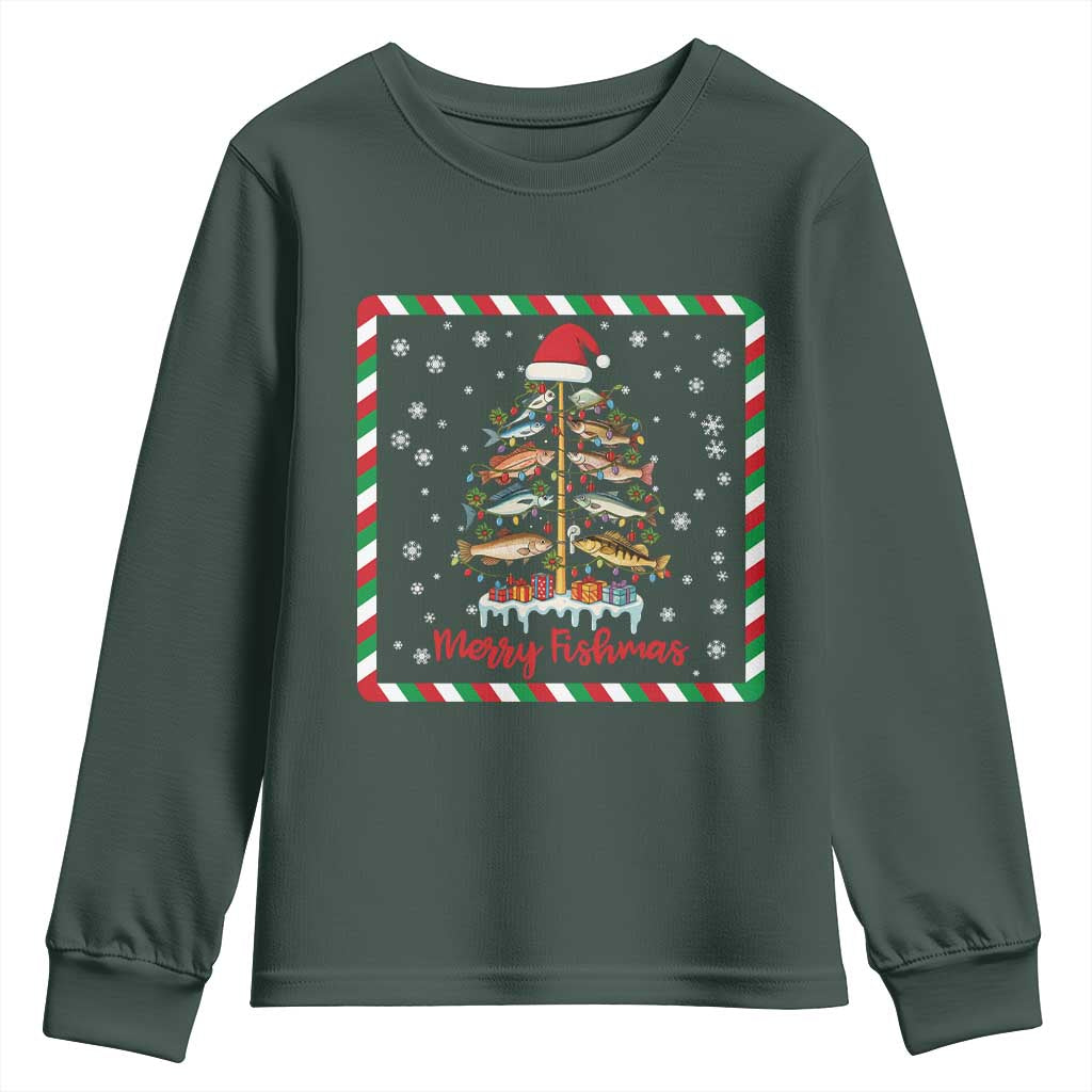 Merry Fishmas Youth Sweatshirt Funny Xmas Fishing Lover Gift TS12 Dark Forest Green Print Your Wear
