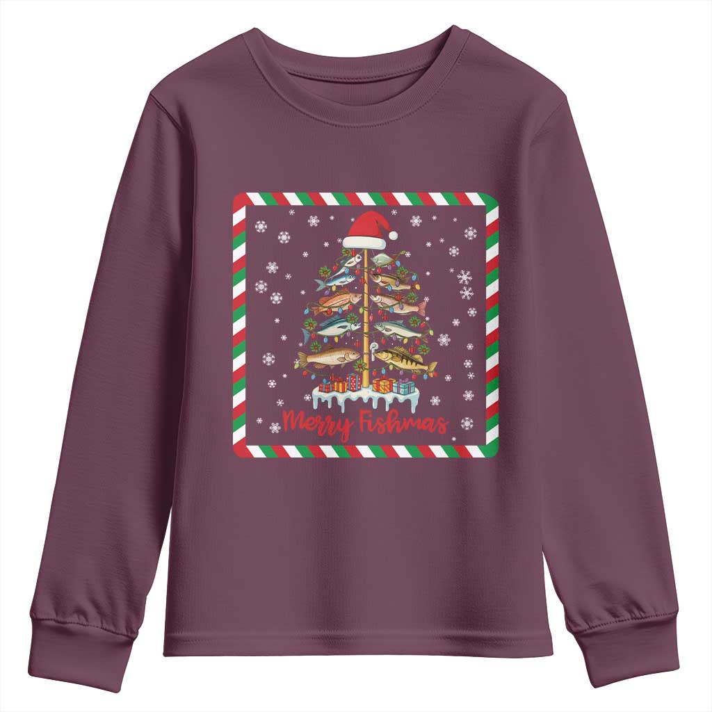 Merry Fishmas Youth Sweatshirt Funny Xmas Fishing Lover Gift TS12 Maroon Print Your Wear