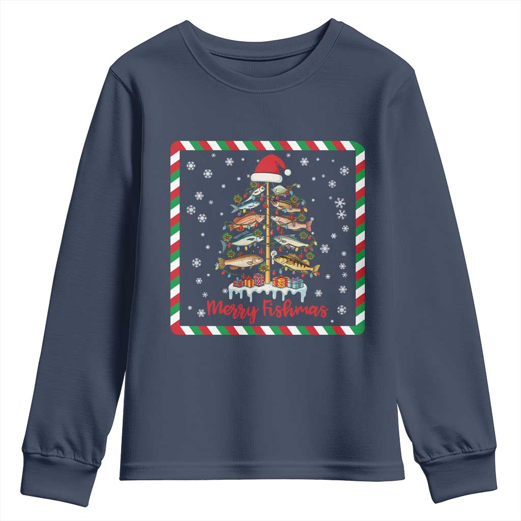 Merry Fishmas Youth Sweatshirt Funny Xmas Fishing Lover Gift TS12 Navy Print Your Wear