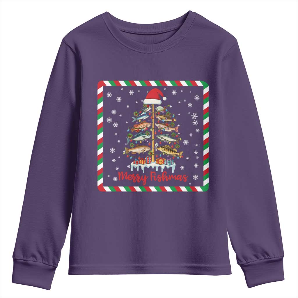 Merry Fishmas Youth Sweatshirt Funny Xmas Fishing Lover Gift TS12 Purple Print Your Wear