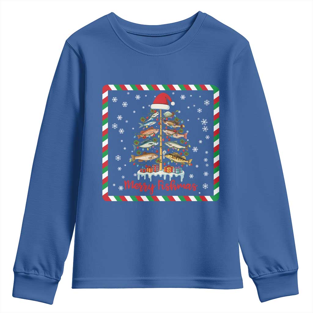 Merry Fishmas Youth Sweatshirt Funny Xmas Fishing Lover Gift TS12 Royal Blue Print Your Wear