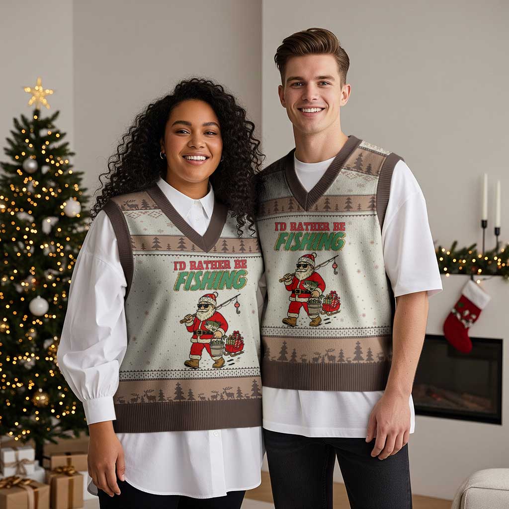 Id Rather Be Fishing V-Neck Knit Sweater Vest Funny Xmas Holiday Gift TS12 Mocha Mousse Print Your Wear