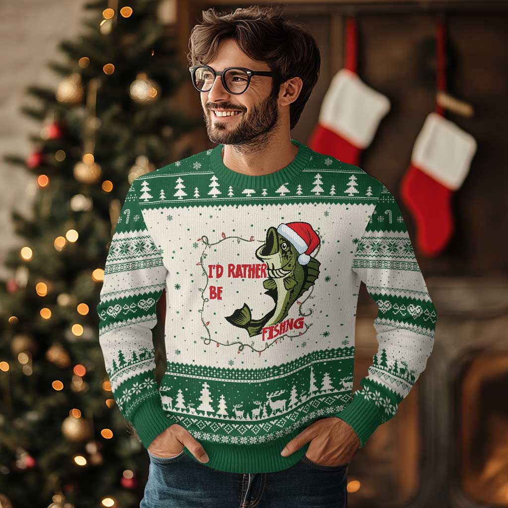 Xmas Fisherman Holiday Gift Ugly Christmas Sweater Id Rather Be Fishing TS12 Beige Green Print Your Wear