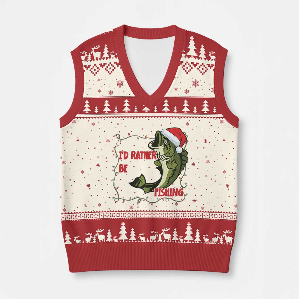 Xmas Fisherman Holiday Gift V-Neck Knit Sweater Vest Id Rather Be Fishing TS12 Beige Red Print Your Wear