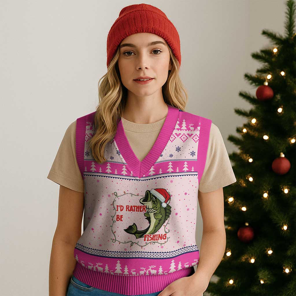 Xmas Fisherman Holiday Gift V-Neck Knit Sweater Vest Id Rather Be Fishing TS12 Hot Pink Print Your Wear