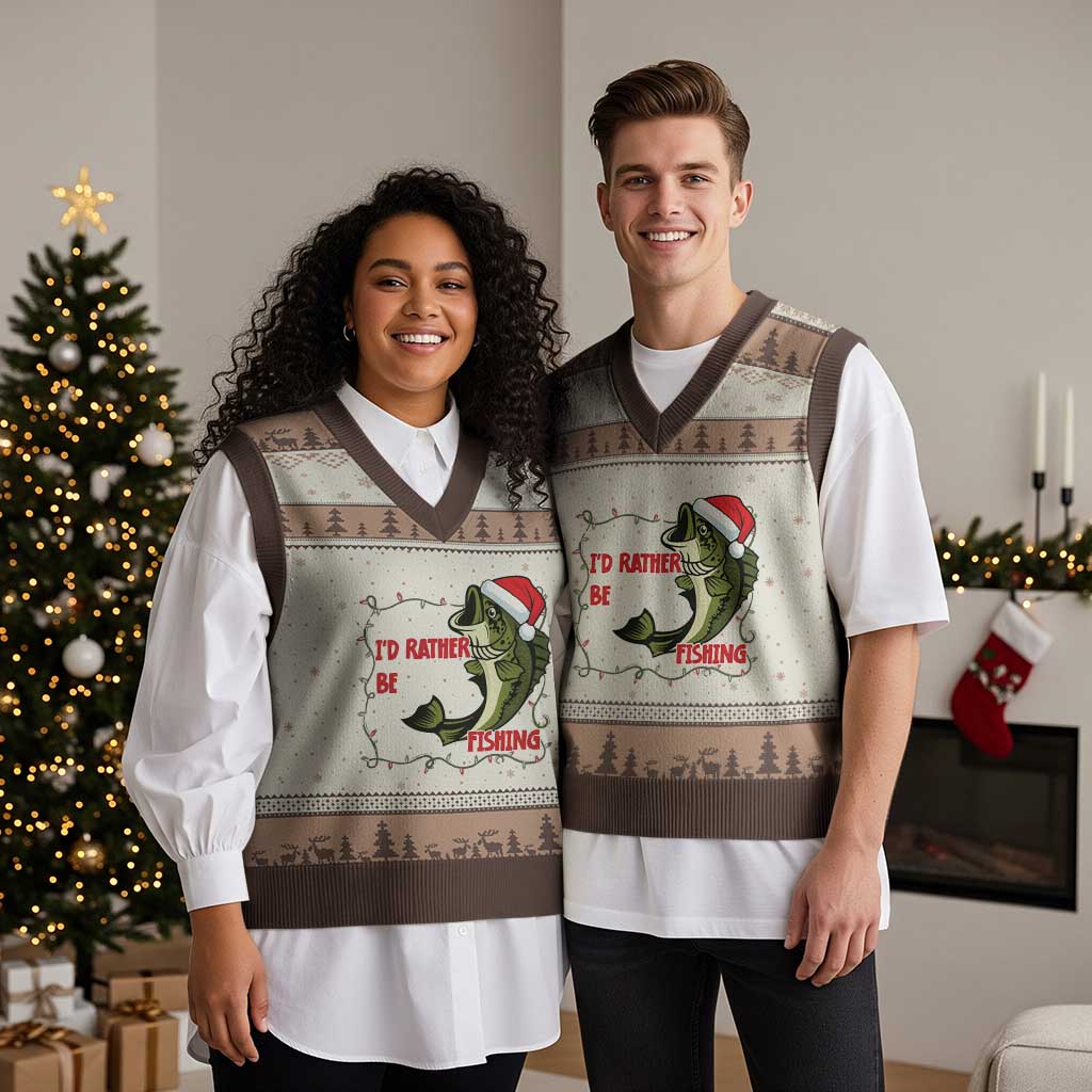 Xmas Fisherman Holiday Gift V-Neck Knit Sweater Vest Id Rather Be Fishing TS12 Mocha Mousse Print Your Wear