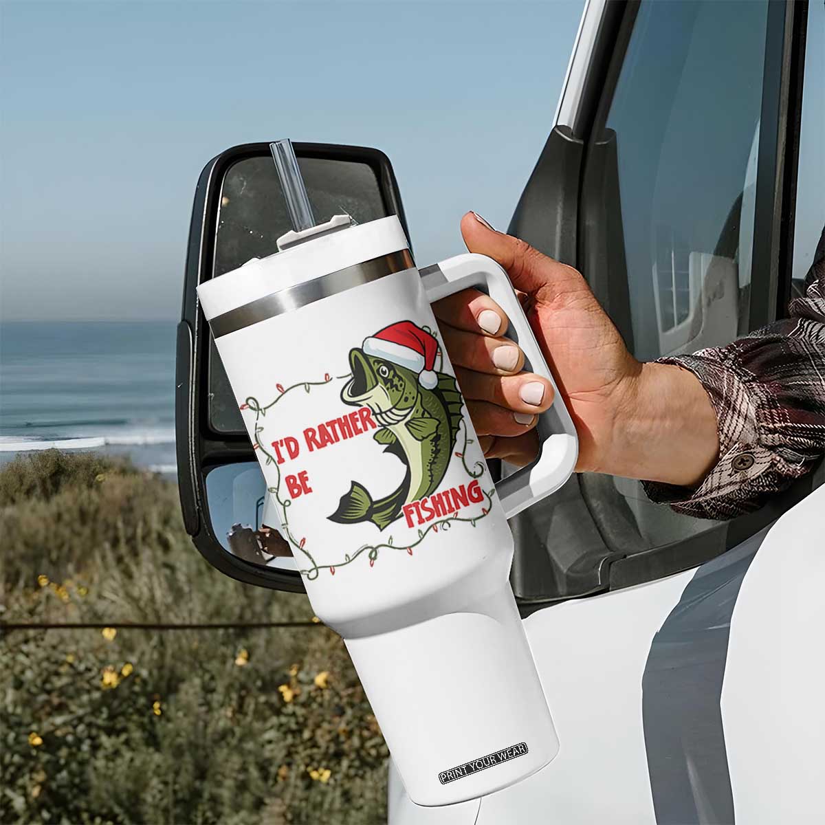 Christmas Fisherman Holiday Gift Tumbler With Handle Id Rather Be Fishing TS12 Print Your Wear