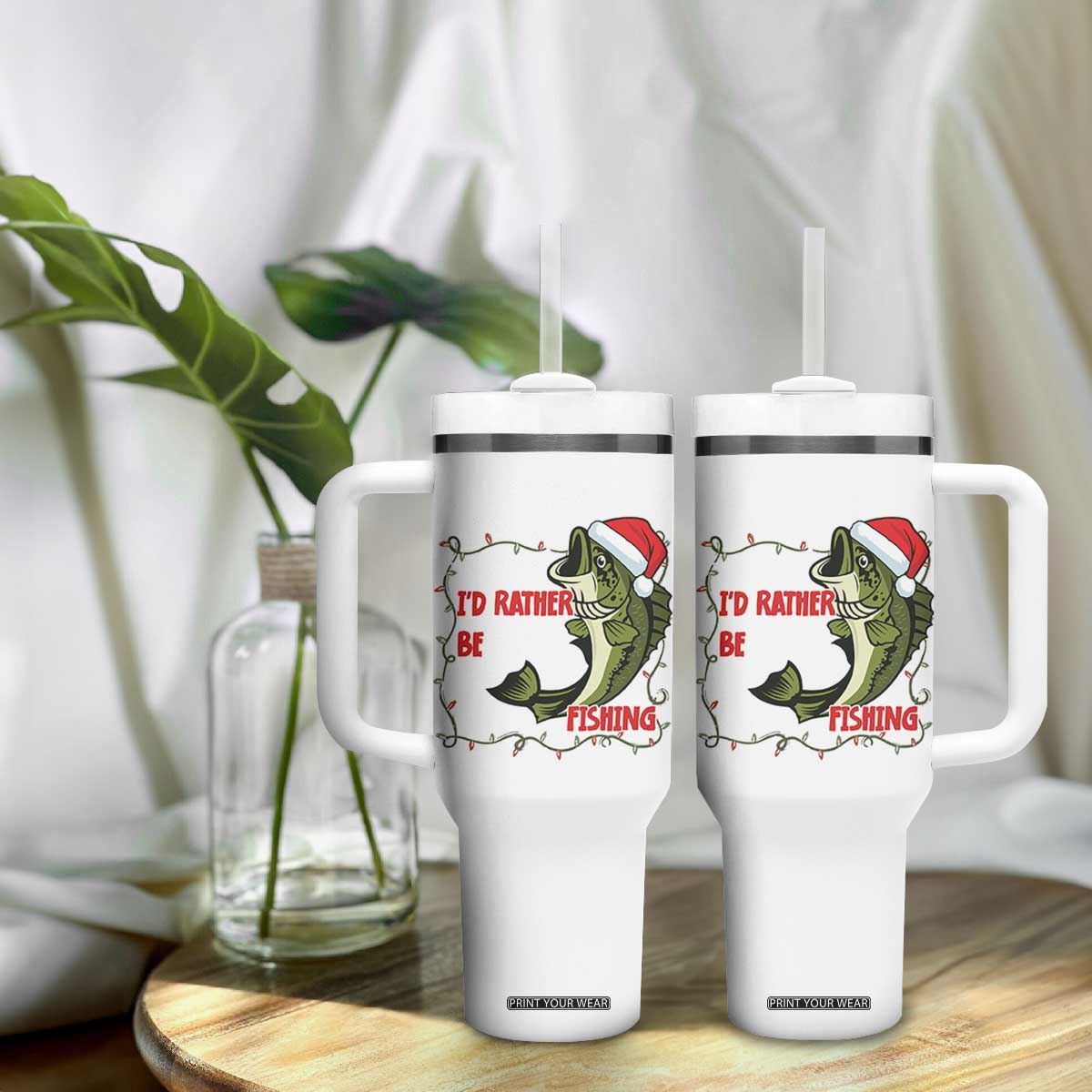Christmas Fisherman Holiday Gift Tumbler With Handle Id Rather Be Fishing TS12 Print Your Wear