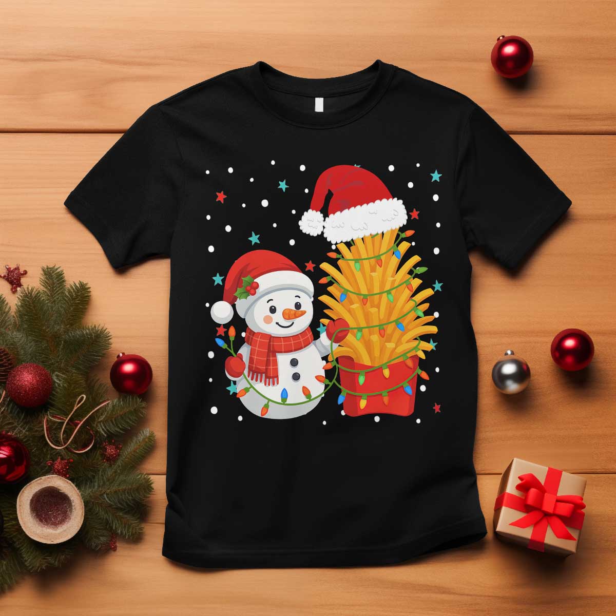 Funny Snowman Decorating French Fries T Shirt Christmas Gift TS12 Black Print Your Wear