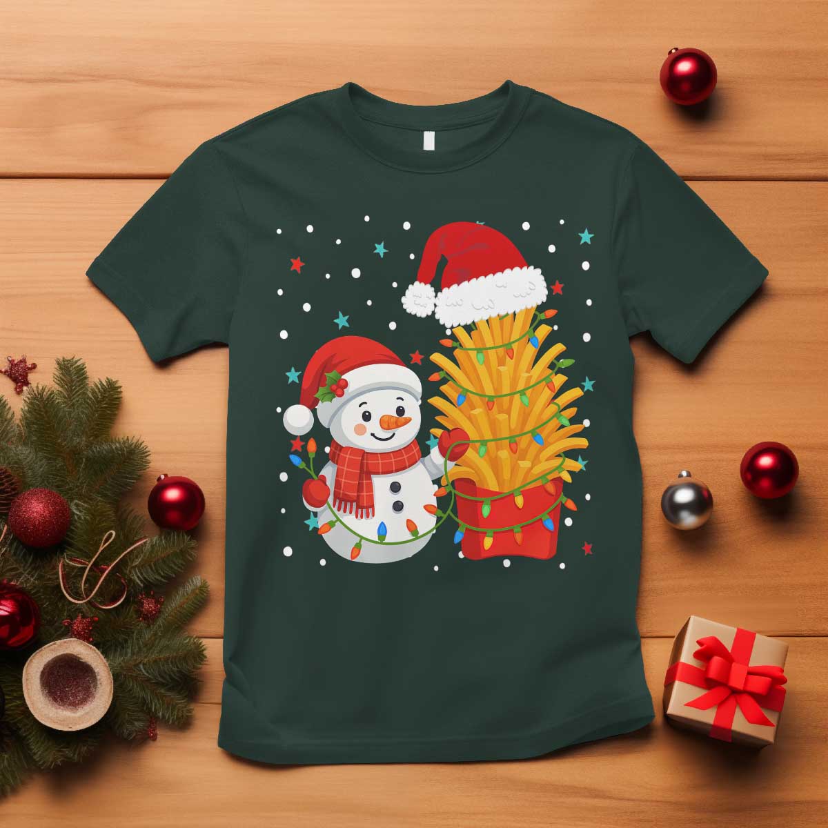 Funny Snowman Decorating French Fries T Shirt Christmas Gift TS12 Dark Forest Green Print Your Wear