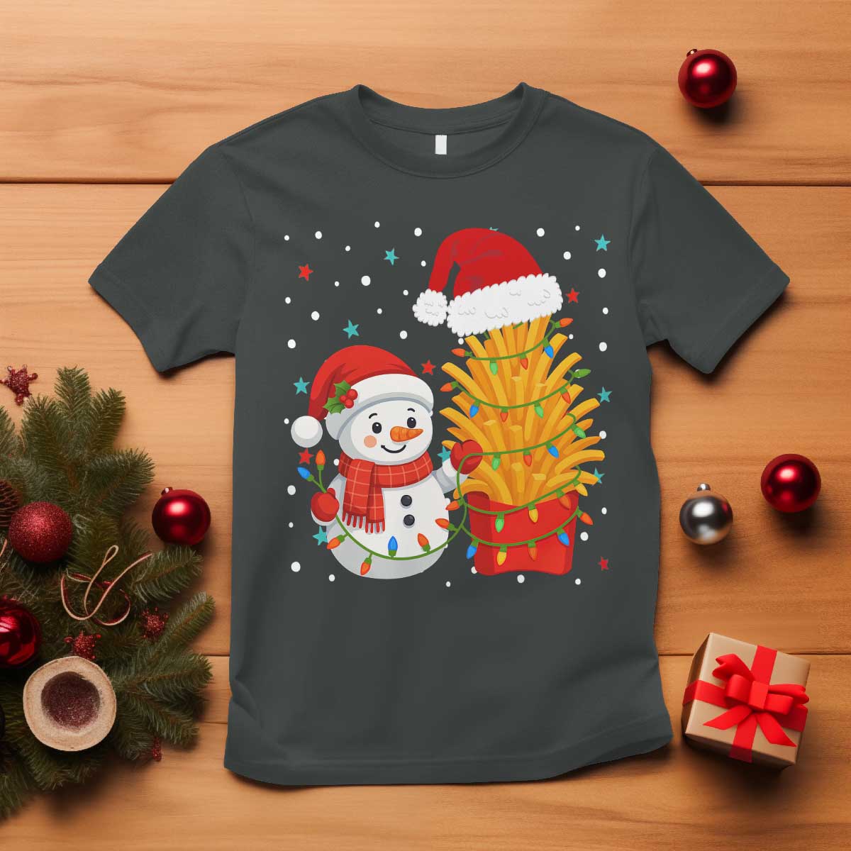 Funny Snowman Decorating French Fries T Shirt Christmas Gift TS12 Dark Heather Print Your Wear
