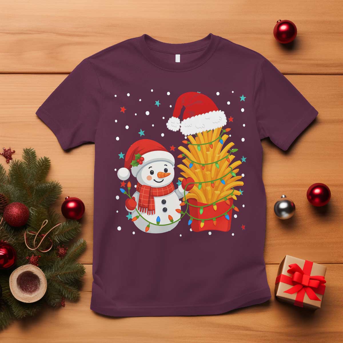 Funny Snowman Decorating French Fries T Shirt Christmas Gift TS12 Maroon Print Your Wear