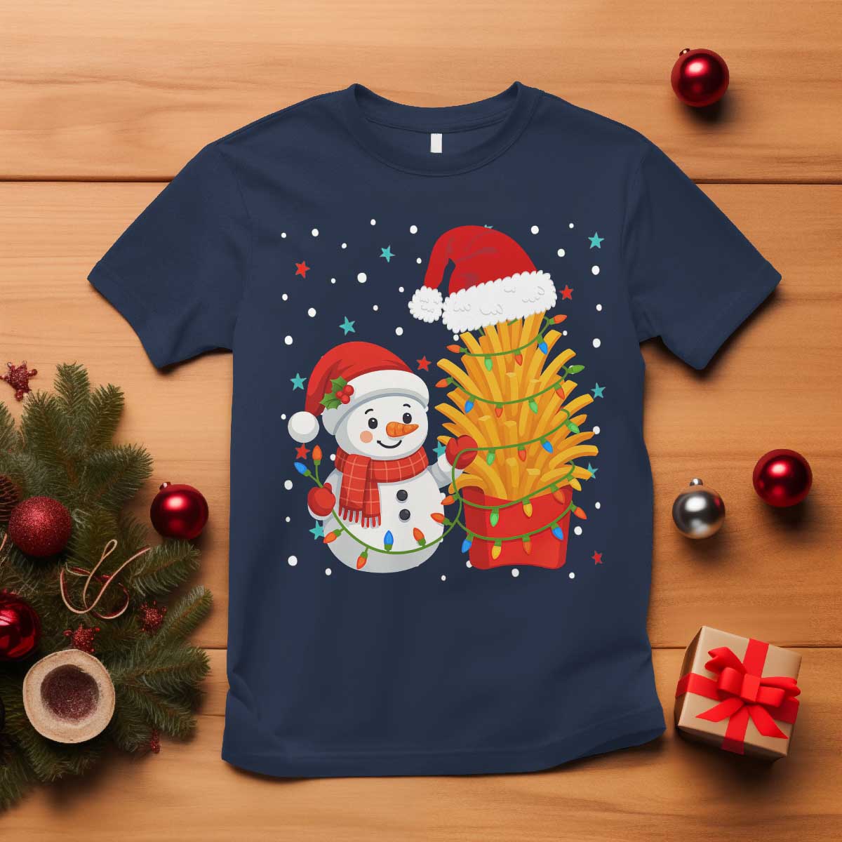 Funny Snowman Decorating French Fries T Shirt Christmas Gift TS12 Navy Print Your Wear