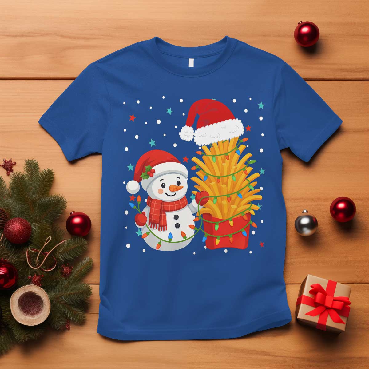 Funny Snowman Decorating French Fries T Shirt Christmas Gift TS12 Royal Blue Print Your Wear